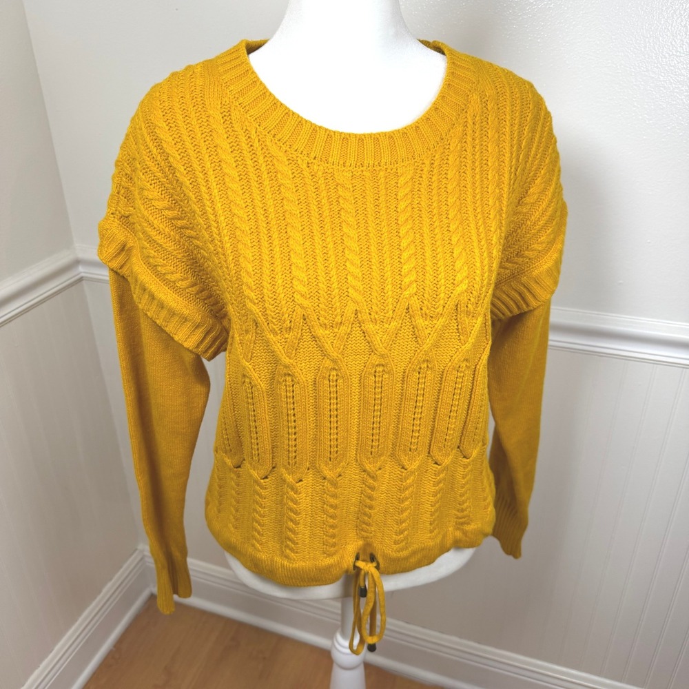 DKNY‎ Jeans Cable Knit Sweater Womens Medium Mustard Yellow Layered Drawstring